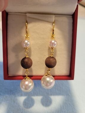 Vintage MAJORICA 925 and Gold Pearl and Wood Drop Earrings - White Pearls Signed